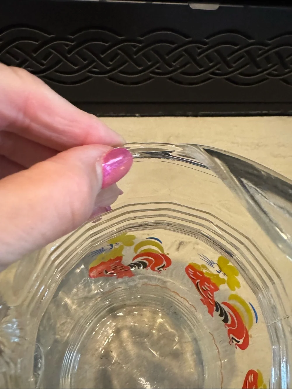 Vintage Clear Glass Pitcher with Bright Roosters - Great Design !